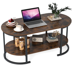 Oval Coffee Table 2-Tier Wooden Accent Table with Spacious Tabletop and Open Storage Shelf-Rustic Brown