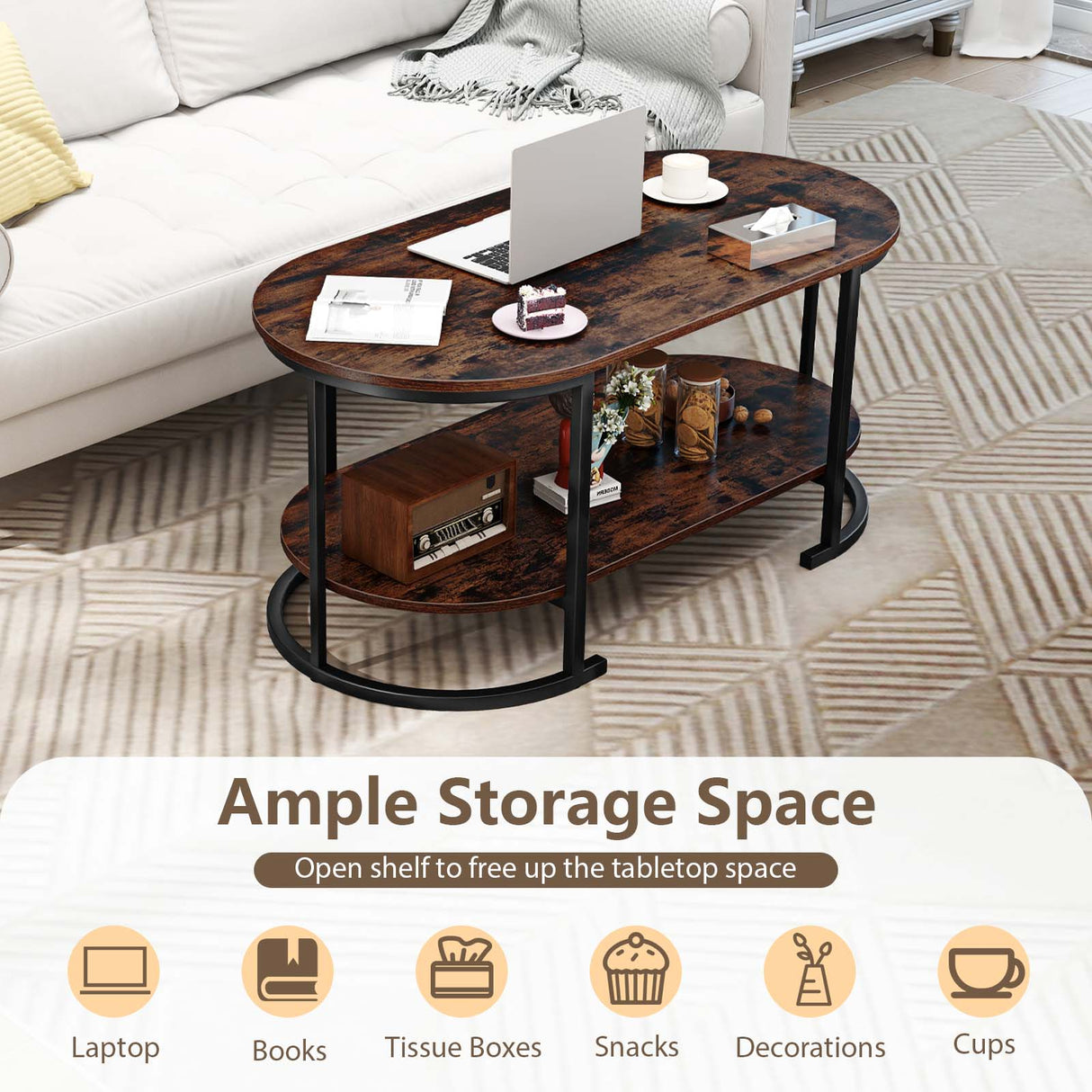 Oval Coffee Table 2-Tier Wooden Accent Table with Spacious Tabletop and Open Storage Shelf-Rustic Brown