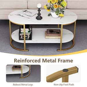 Oval Coffee Table 2-Tier Wooden Accent Table with Spacious Tabletop and Open Storage Shelf-White