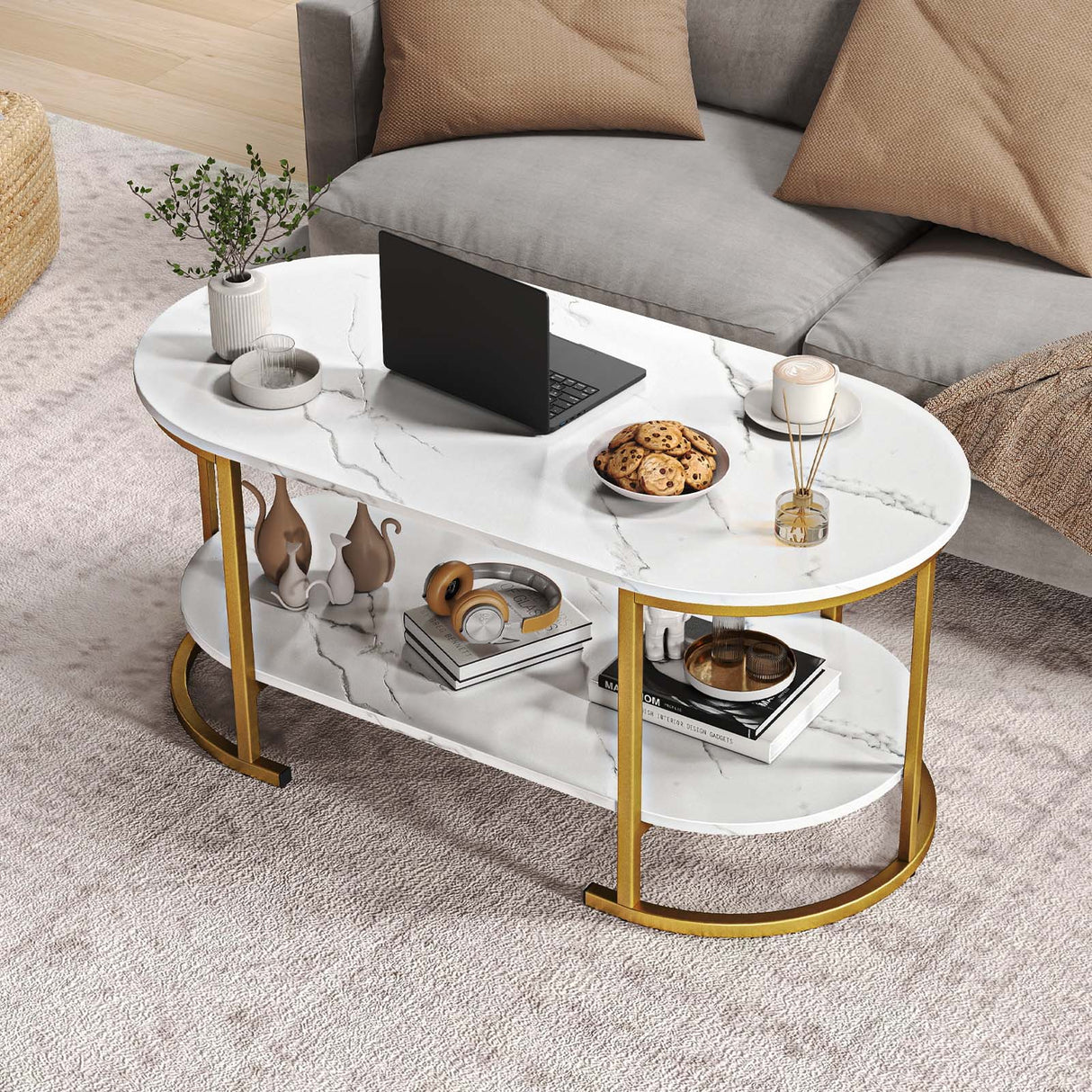 Oval Coffee Table 2-Tier Wooden Accent Table with Spacious Tabletop and Open Storage Shelf-White