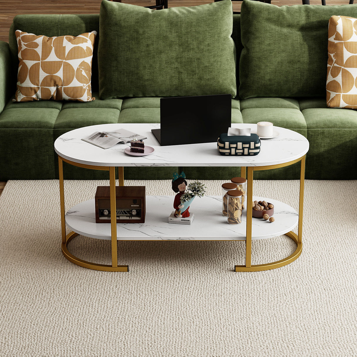 Oval Coffee Table 2-Tier Wooden Accent Table with Spacious Tabletop and Open Storage Shelf-White