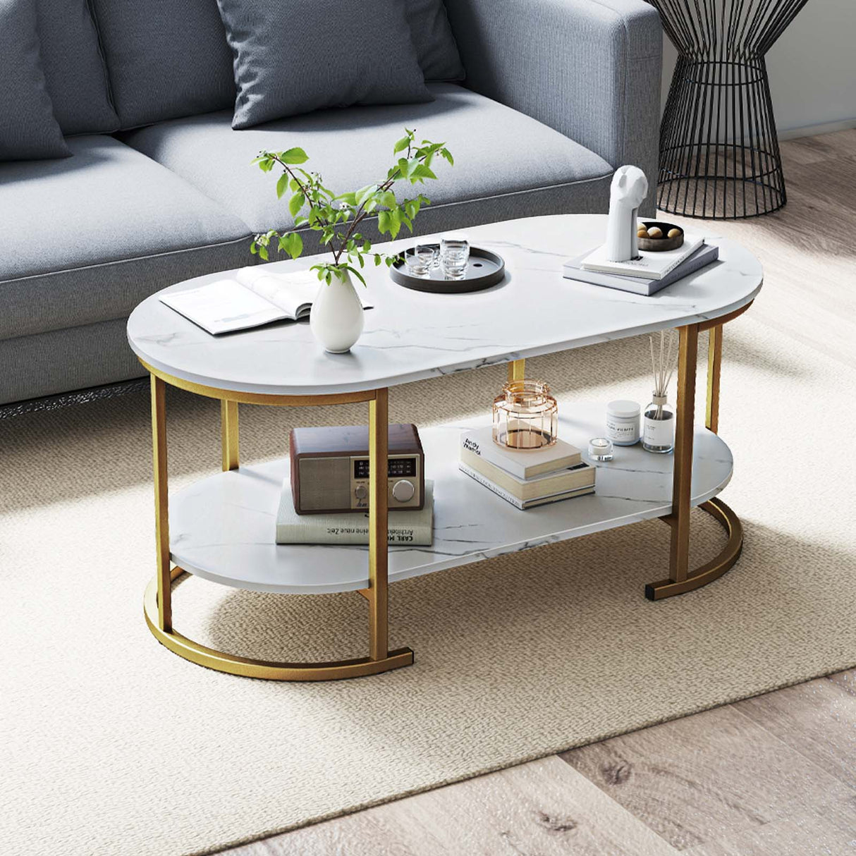 Oval Coffee Table 2-Tier Wooden Accent Table with Spacious Tabletop and Open Storage Shelf-White
