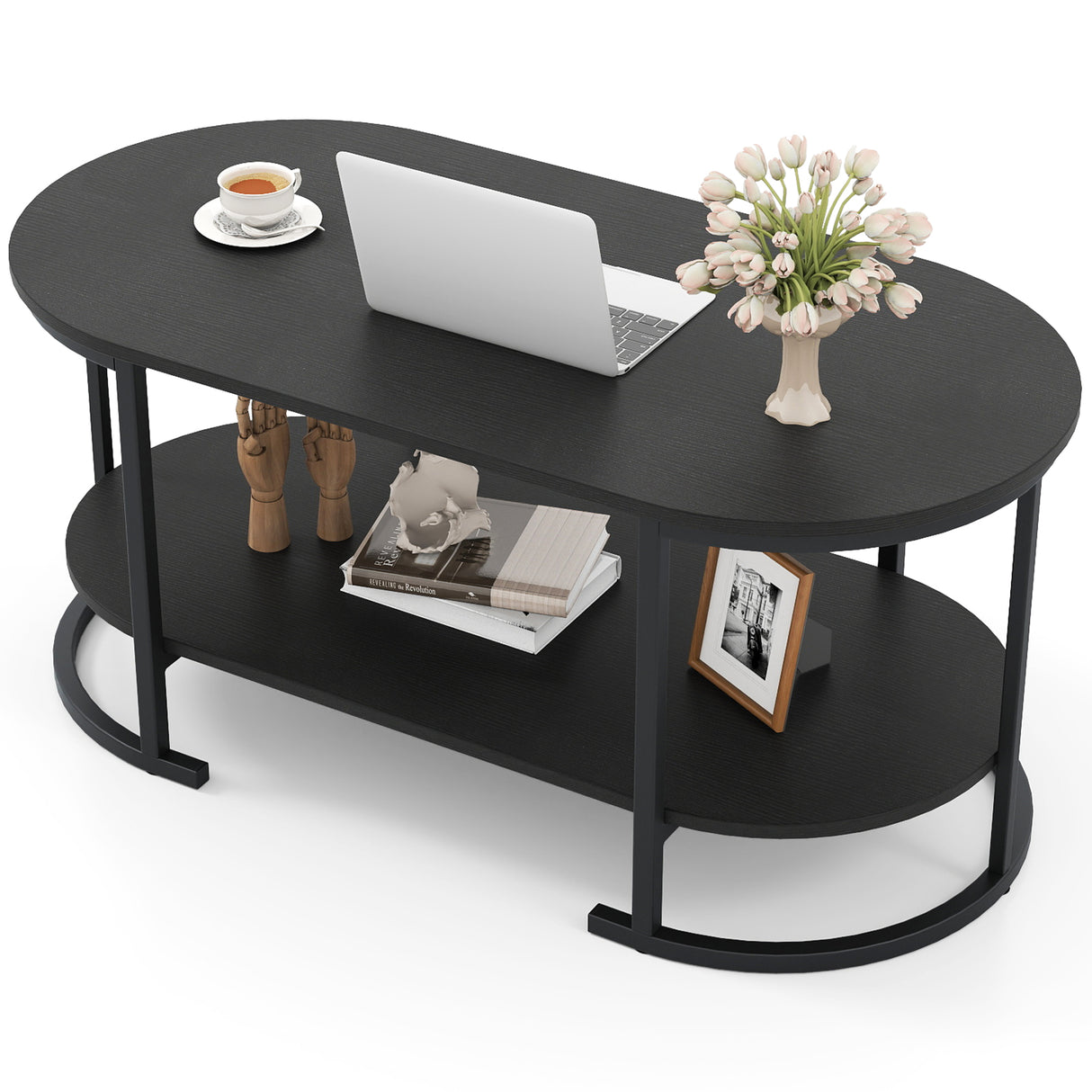 Oval Coffee Table 2-Tier Wooden Accent Table with Spacious Tabletop and Open Storage Shelf-Black