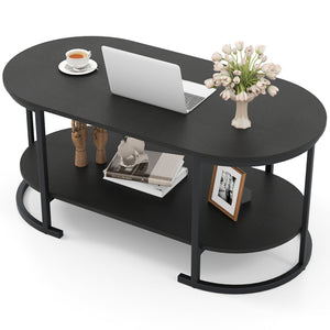 Oval Coffee Table 2-Tier Wooden Accent Table with Spacious Tabletop and Open Storage Shelf-Black