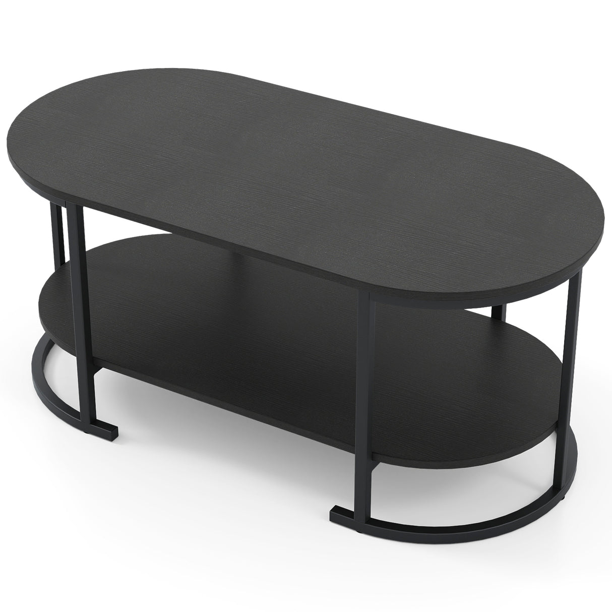 Oval Coffee Table 2-Tier Wooden Accent Table with Spacious Tabletop and Open Storage Shelf-Black