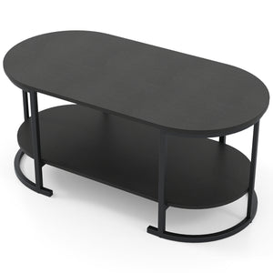 Oval Coffee Table 2-Tier Wooden Accent Table with Spacious Tabletop and Open Storage Shelf-Black
