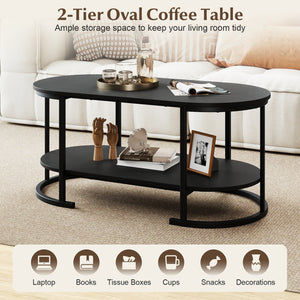 Oval Coffee Table 2-Tier Wooden Accent Table with Spacious Tabletop and Open Storage Shelf-Black