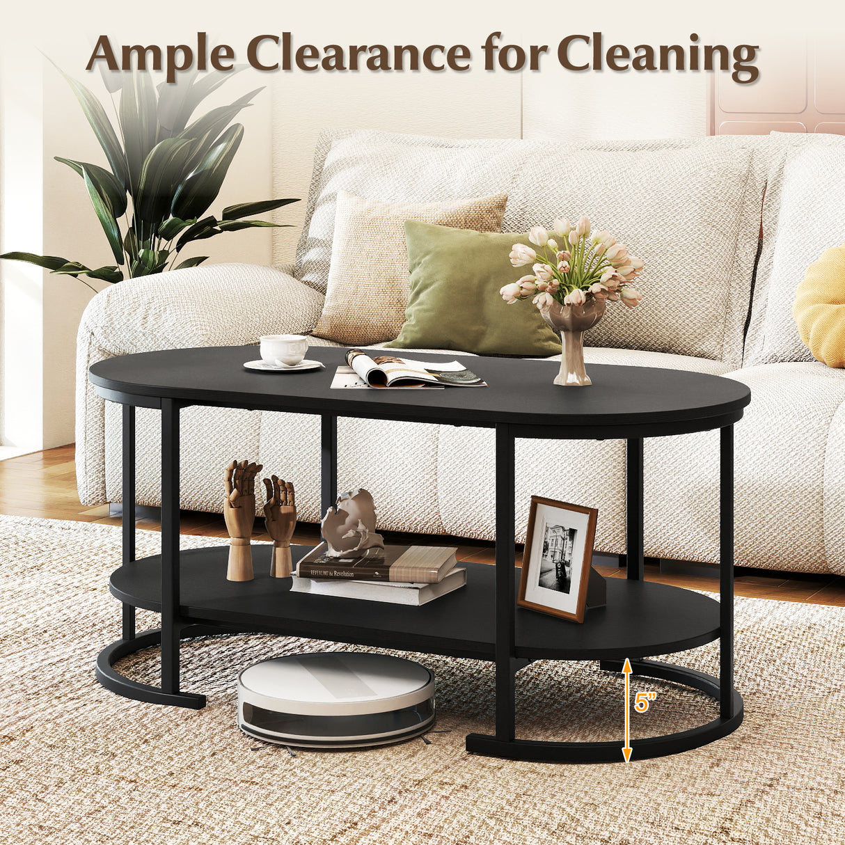 Oval Coffee Table 2-Tier Wooden Accent Table with Spacious Tabletop and Open Storage Shelf-Black