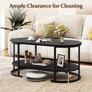 Oval Coffee Table 2-Tier Wooden Accent Table with Spacious Tabletop and Open Storage Shelf-Black