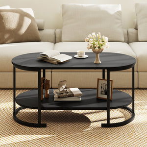 Oval Coffee Table 2-Tier Wooden Accent Table with Spacious Tabletop and Open Storage Shelf-Black