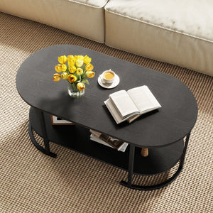 Oval Coffee Table 2-Tier Wooden Accent Table with Spacious Tabletop and Open Storage Shelf-Black