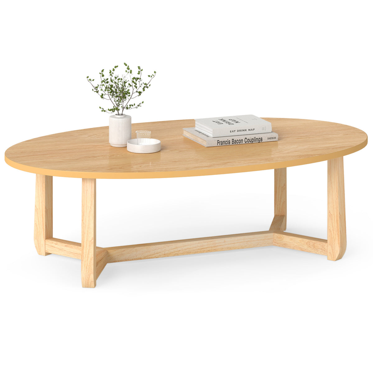 Oval Coffee Table 46 Inches Wooden Accent Table with Thickened Top-Natural