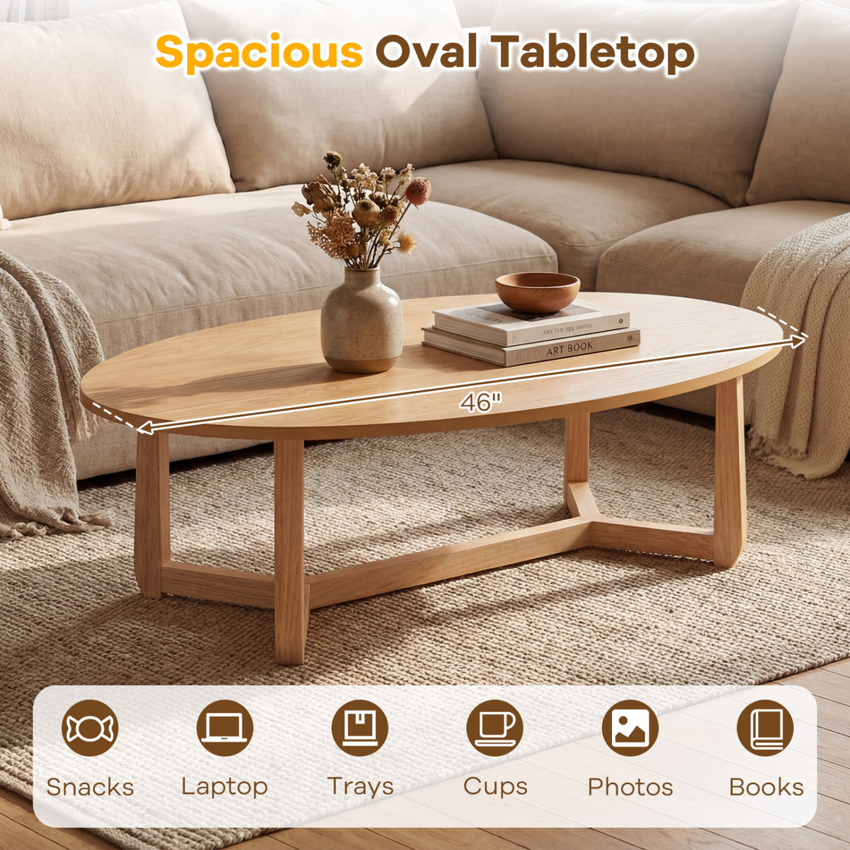 Oval Coffee Table 46 Inches Wooden Accent Table with Thickened Top-Natural