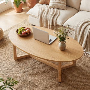 Oval Coffee Table 46 Inches Wooden Accent Table with Thickened Top-Natural