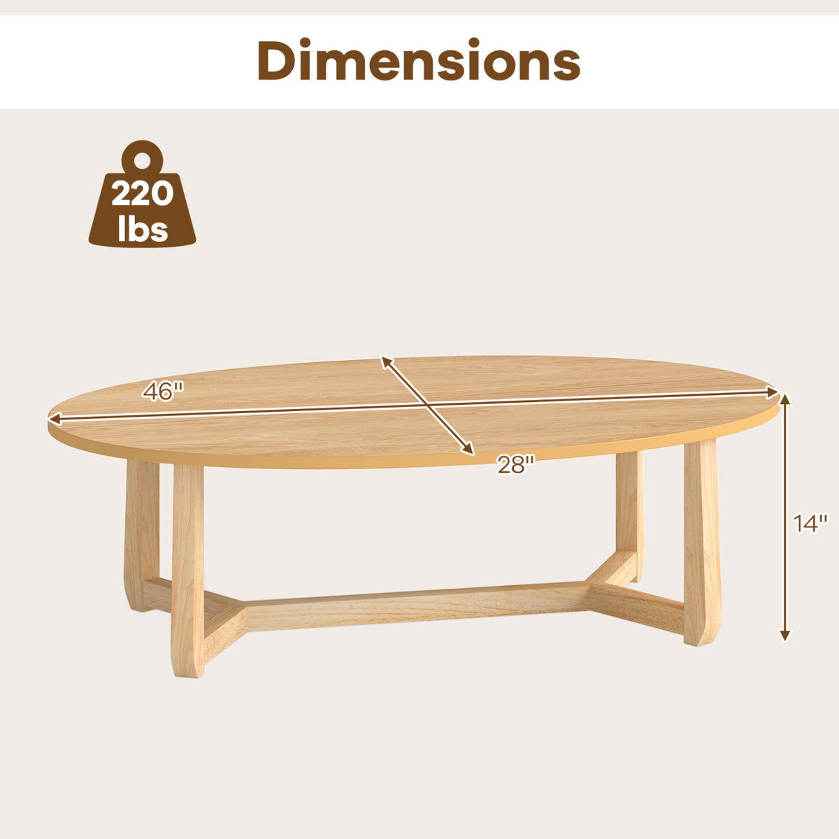Oval Coffee Table 46 Inches Wooden Accent Table with Thickened Top-Natural