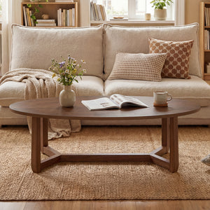 Oval Coffee Table 46 Inches Wooden Accent Table with Thickened Top-Walnut