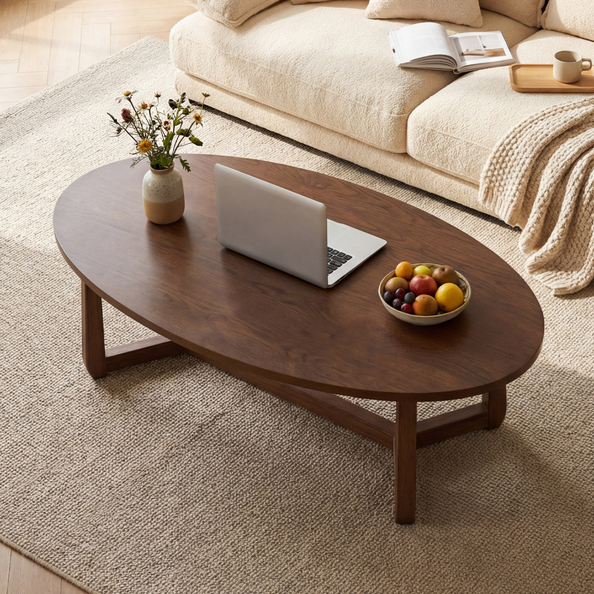 Oval Coffee Table 46 Inches Wooden Accent Table with Thickened Top-Walnut