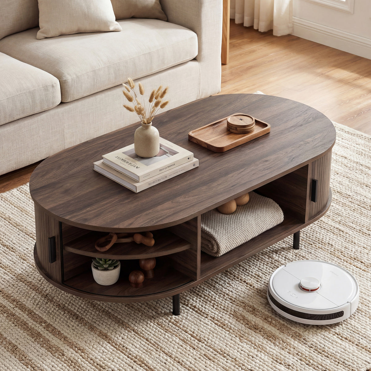 Oval Coffee Table 47.5inch Wooden Center Table with Storage-Walnut