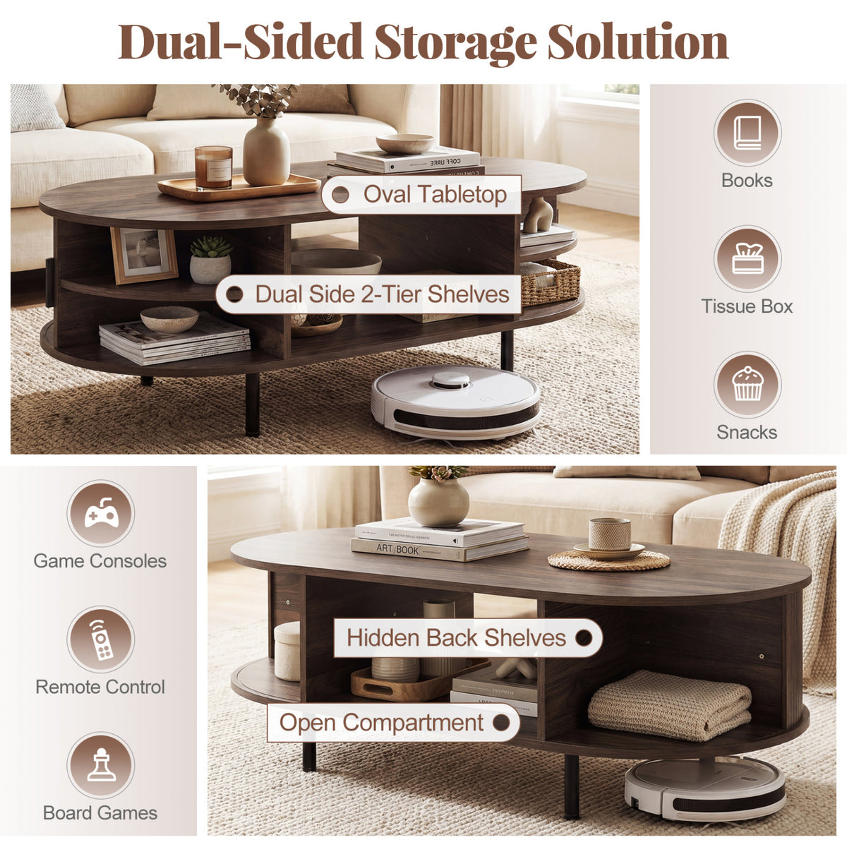 Oval Coffee Table 47.5inch Wooden Center Table with Storage-Walnut