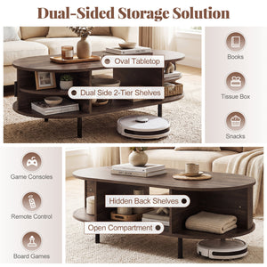 Oval Coffee Table 47.5inch Wooden Center Table with Storage-Walnut