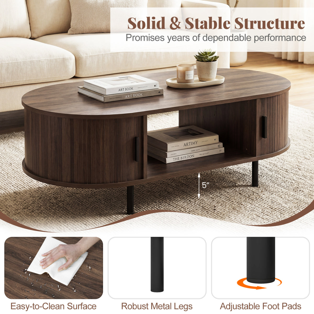Oval Coffee Table 47.5inch Wooden Center Table with Storage-Walnut