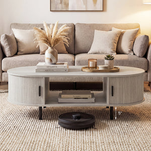 Oval Coffee Table 47.5inch Wooden Center Table with Storage-Oak