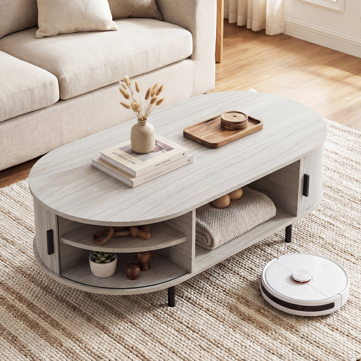 Oval Coffee Table 47.5inch Wooden Center Table with Storage-Oak
