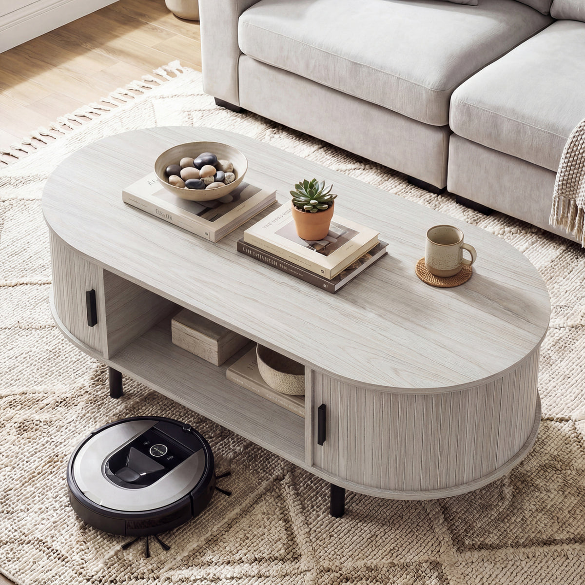 Oval Coffee Table 47.5inch Wooden Center Table with Storage-Oak