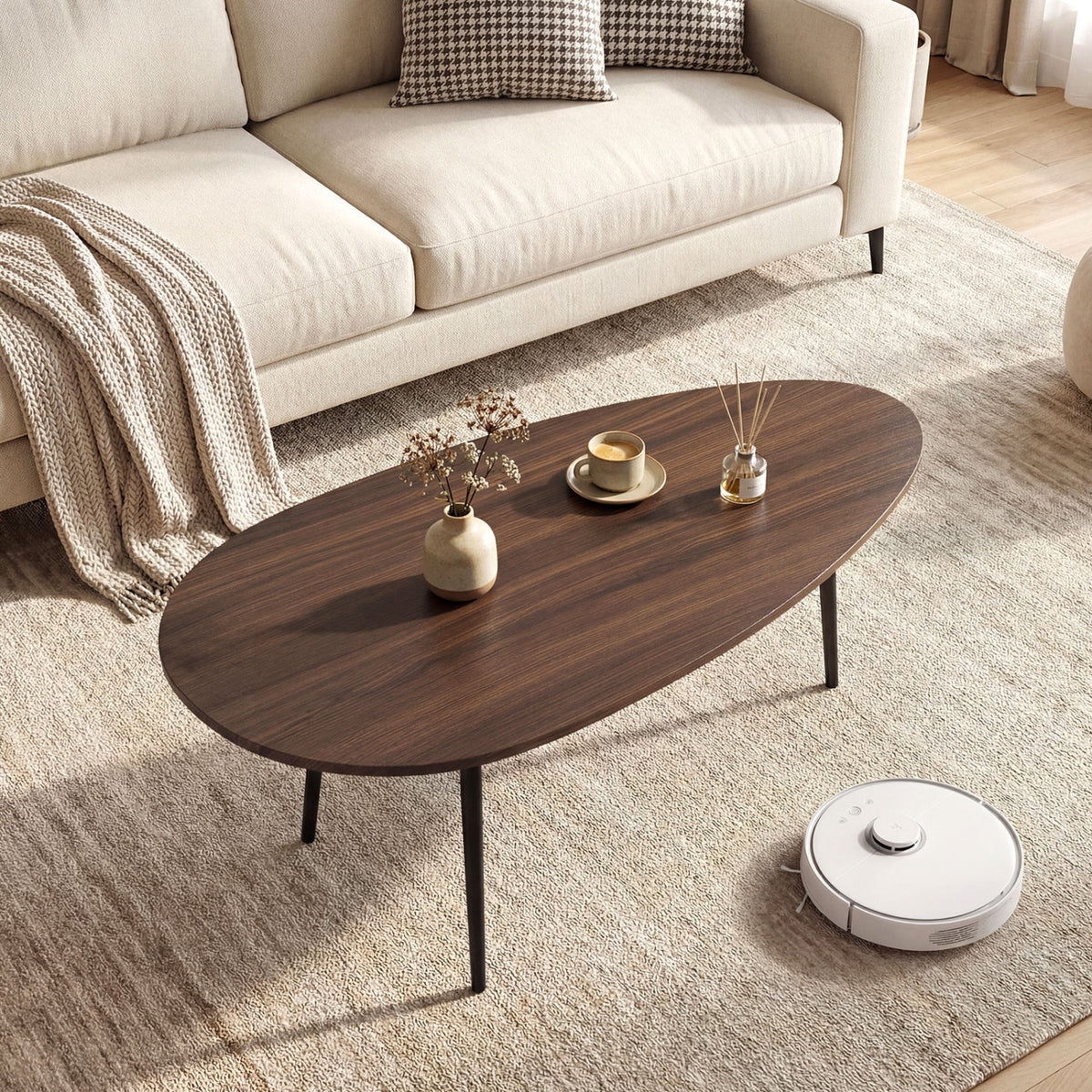 Oval Coffee Table Mid Century Center Table with Sturdy Metal Construction-Walnut