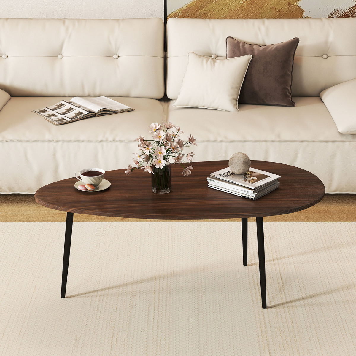 Oval Coffee Table Mid Century Center Table with Sturdy Metal Construction-Walnut