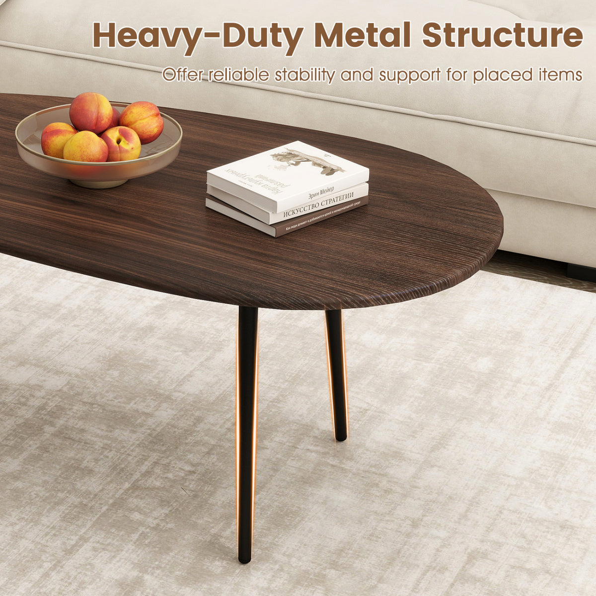 Oval Coffee Table Mid Century Center Table with Sturdy Metal Construction-Walnut