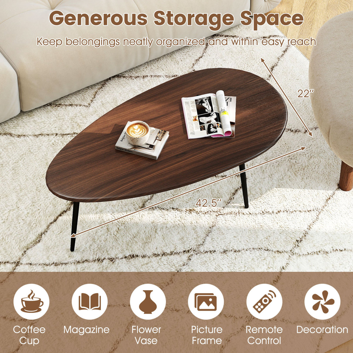 Oval Coffee Table Mid Century Center Table with Sturdy Metal Construction-Walnut