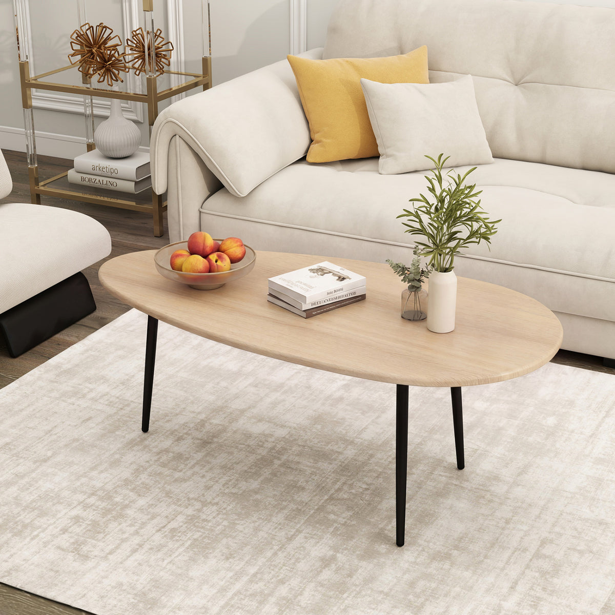 Oval Coffee Table Mid Century Center Table with Sturdy Metal Construction-Natural