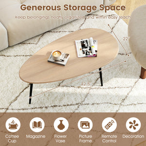 Oval Coffee Table Mid Century Center Table with Sturdy Metal Construction-Natural