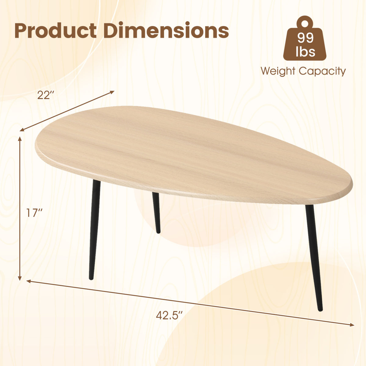 Oval Coffee Table Mid Century Center Table with Sturdy Metal Construction-Natural