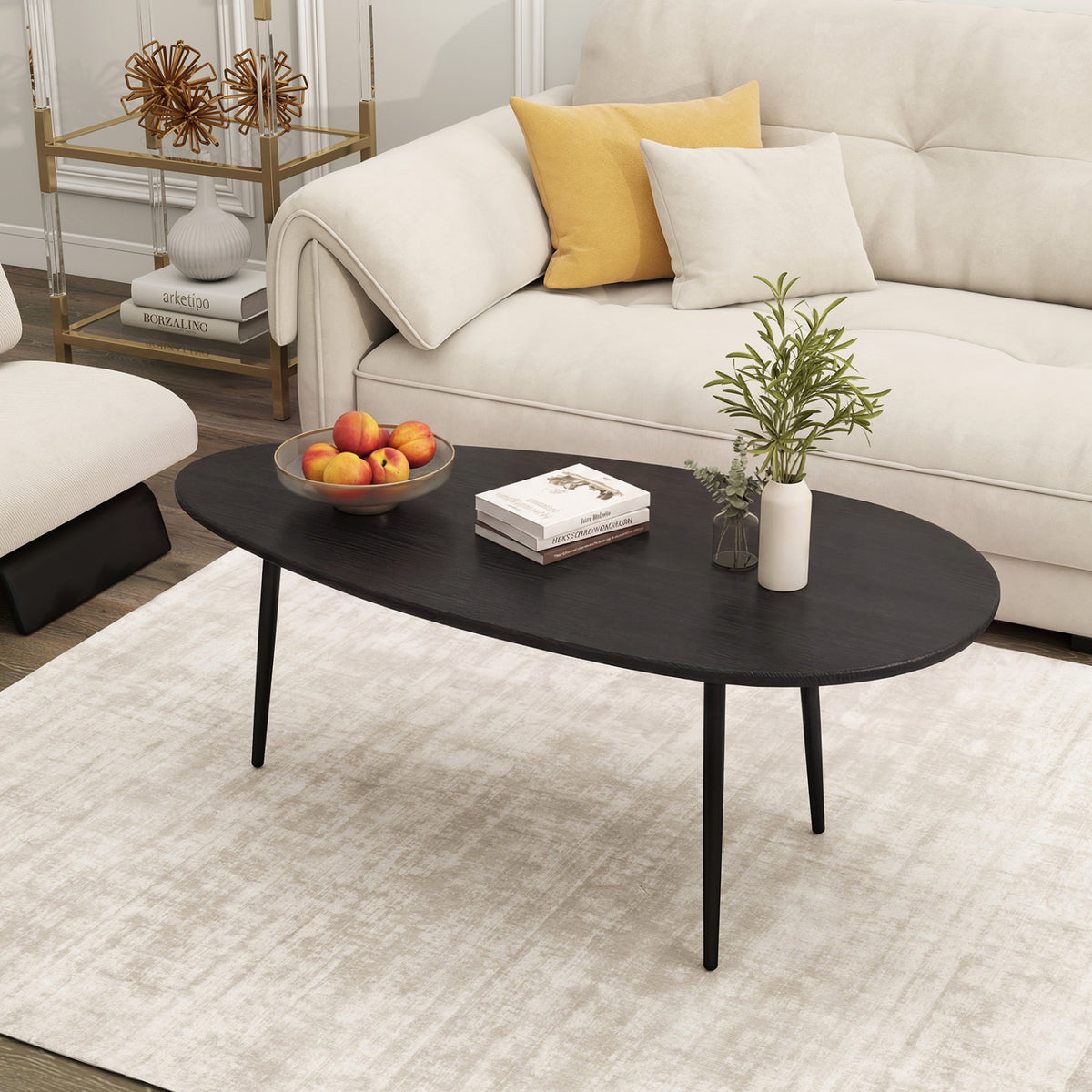 Oval Coffee Table Mid Century Center Table with Sturdy Metal Construction-Black