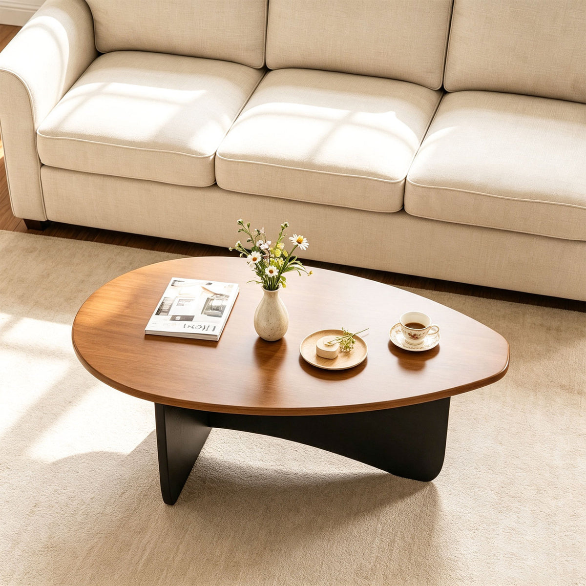 Oval Coffee Table Mid Century Modern Accent Table Low Profile Wooden Center Table-Walnut