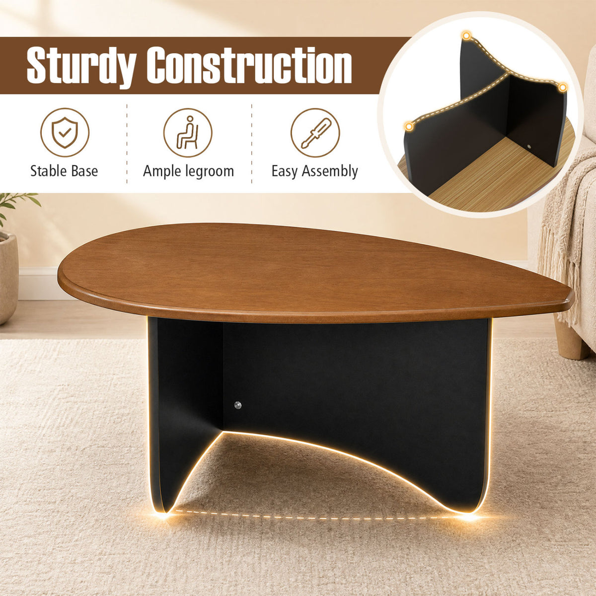 Oval Coffee Table Mid Century Modern Accent Table Low Profile Wooden Center Table-Walnut