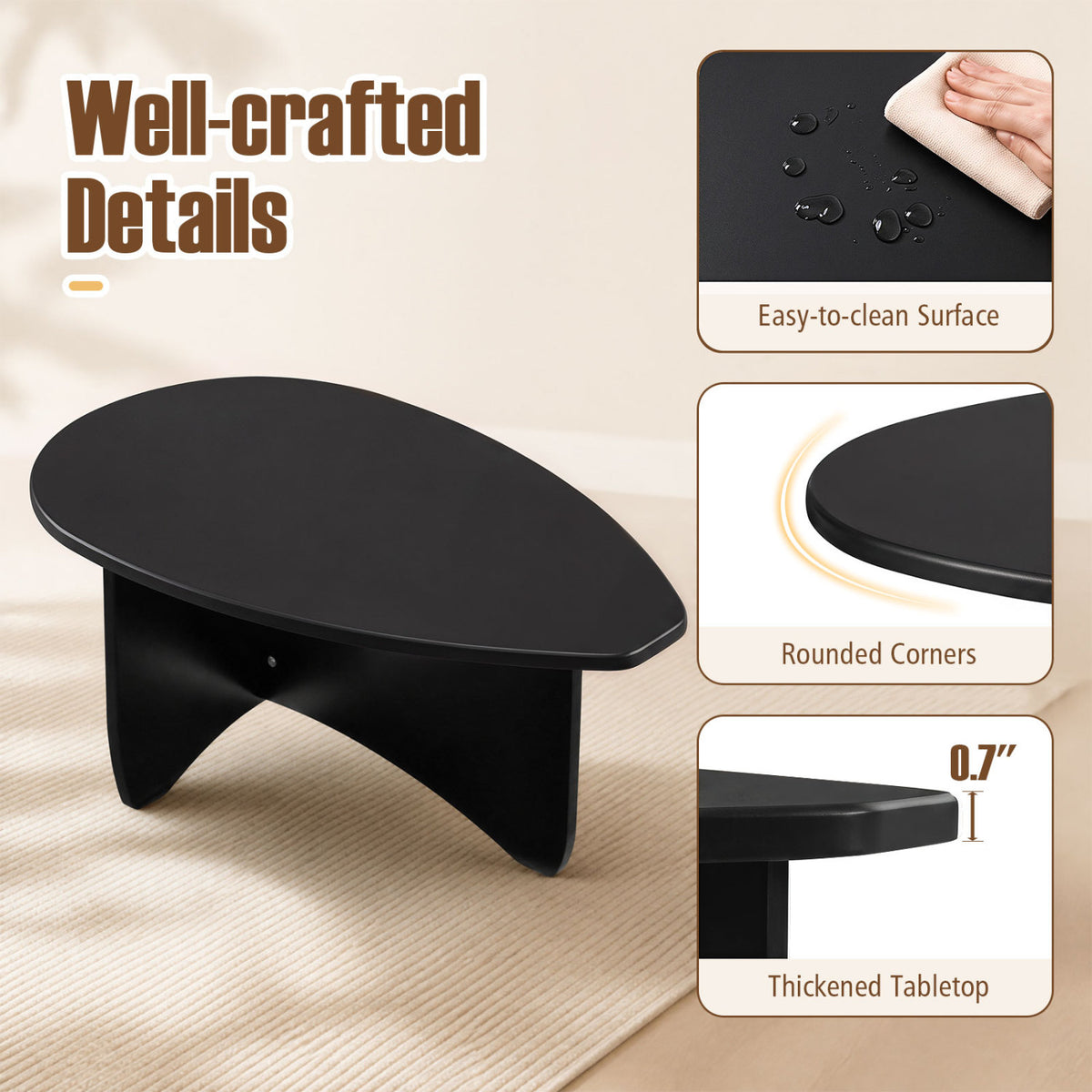 Oval Coffee Table Mid Century Modern Accent Table Low Profile Wooden Center Table-Black
