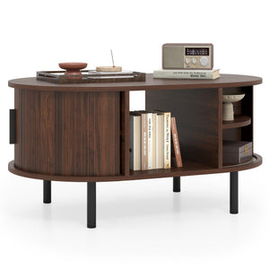 Oval Coffee Table with Open Compartment and Sector Shelves-Walnut