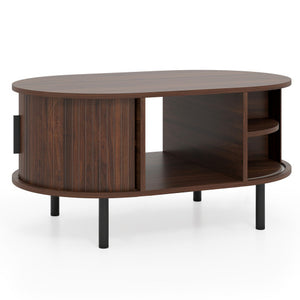 Oval Coffee Table with Open Compartment and Sector Shelves-Walnut