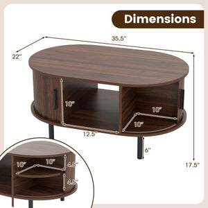 Oval Coffee Table with Open Compartment and Sector Shelves-Walnut