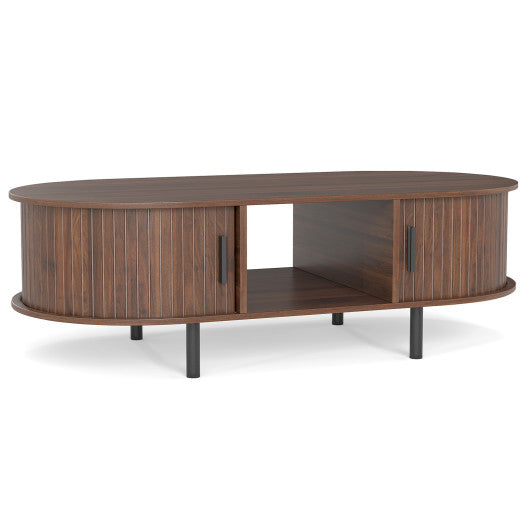 48" Mid Century Center Table with Sliding Fluted Doors and Open Compartment-Walnut