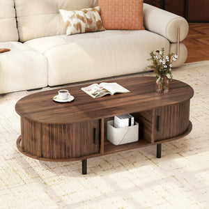 48" Mid Century Center Table with Sliding Fluted Doors and Open Compartment-Walnut