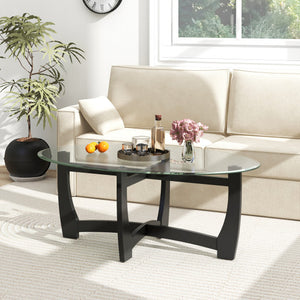 Oval Coffee Table with Tempered Glass Tabletop and Rubber Wood Legs-Black
