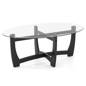 Oval Coffee Table with Tempered Glass Tabletop and Rubber Wood Legs-Black