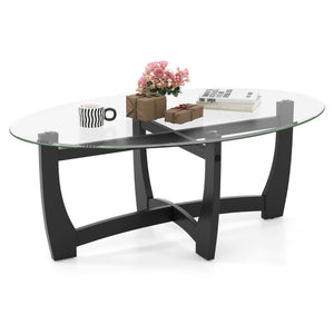Oval Coffee Table with Tempered Glass Tabletop and Rubber Wood Legs-Black