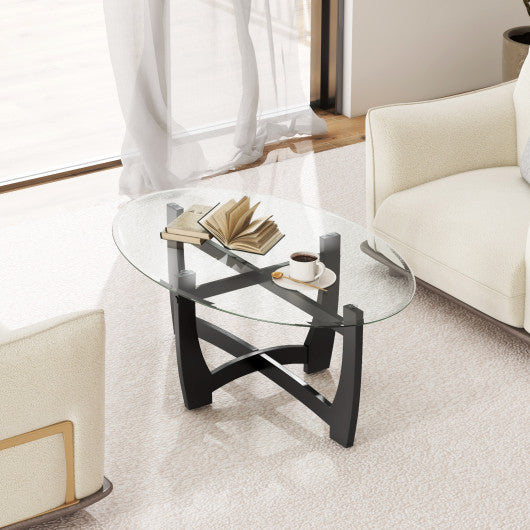 Oval Coffee Table with Tempered Glass Tabletop and Rubber Wood Legs-Black