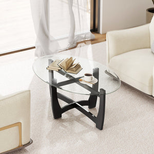 Oval Coffee Table with Tempered Glass Tabletop and Rubber Wood Legs-Black