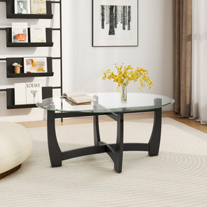 Oval Coffee Table with Tempered Glass Tabletop and Rubber Wood Legs-Black